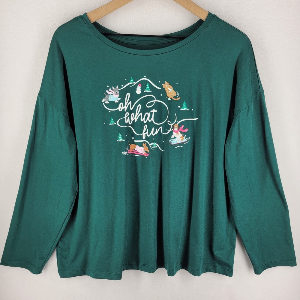 Joyspun Womens Sleepwear Pajama Top L 12-14 Green Long Sleeve Soft Cozy